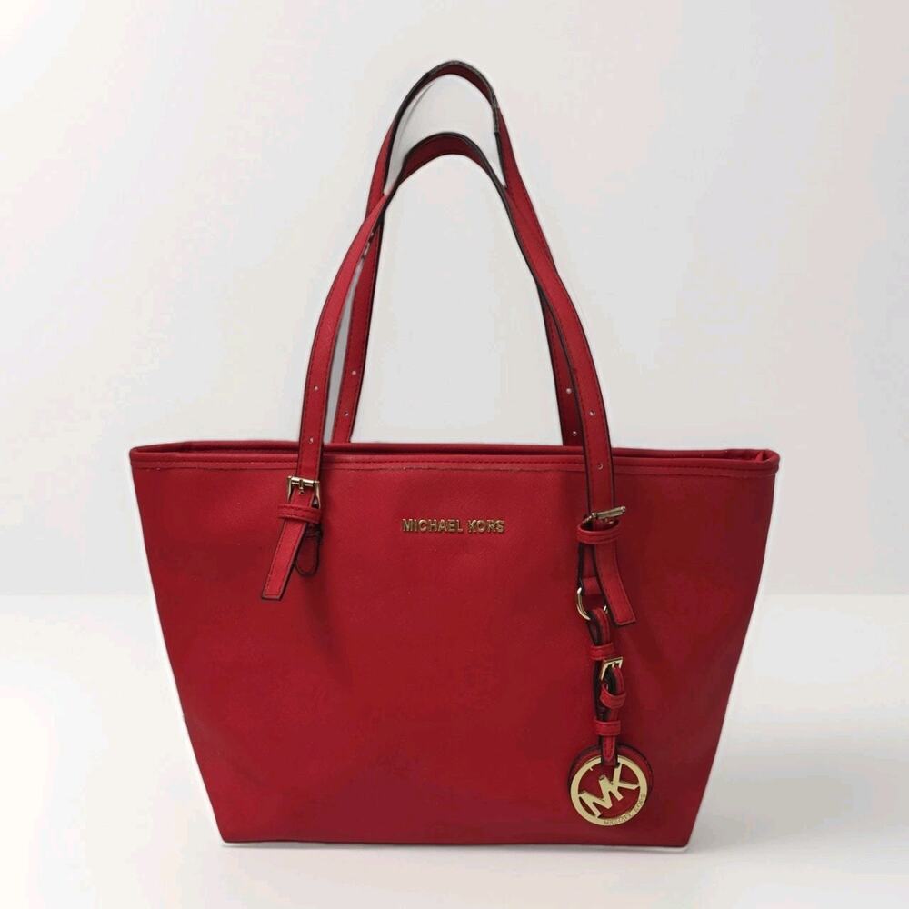 Michael Kors Large Red Signature Tote Shoulder Bag Jet Set Purse - Picture 2 of 12